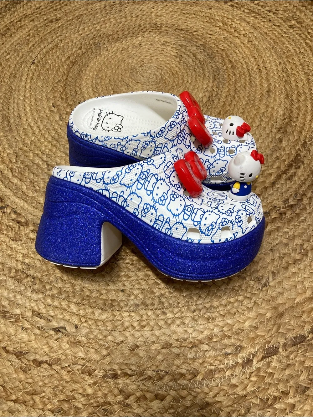CROCS White & Blue Hello Kitty Platform Clogs with Red Bow Charm